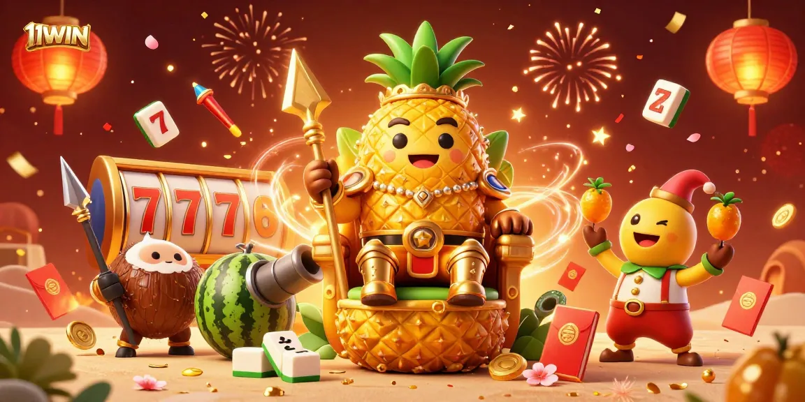 Engaging scene of the 11WIN pineapple king with slot reels promoting vivid casino experience.