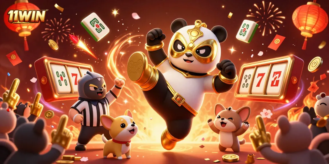 Join the excitement at 11WIN as the panda wrestler kicks off casino fun amidst a festive celebration.