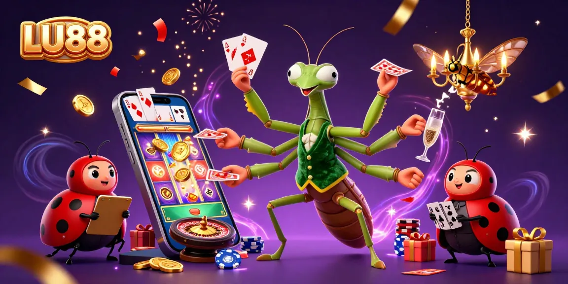 Experience excitement at LU88 with a cartoony mantis dealing cards amidst dazzling casino elements.