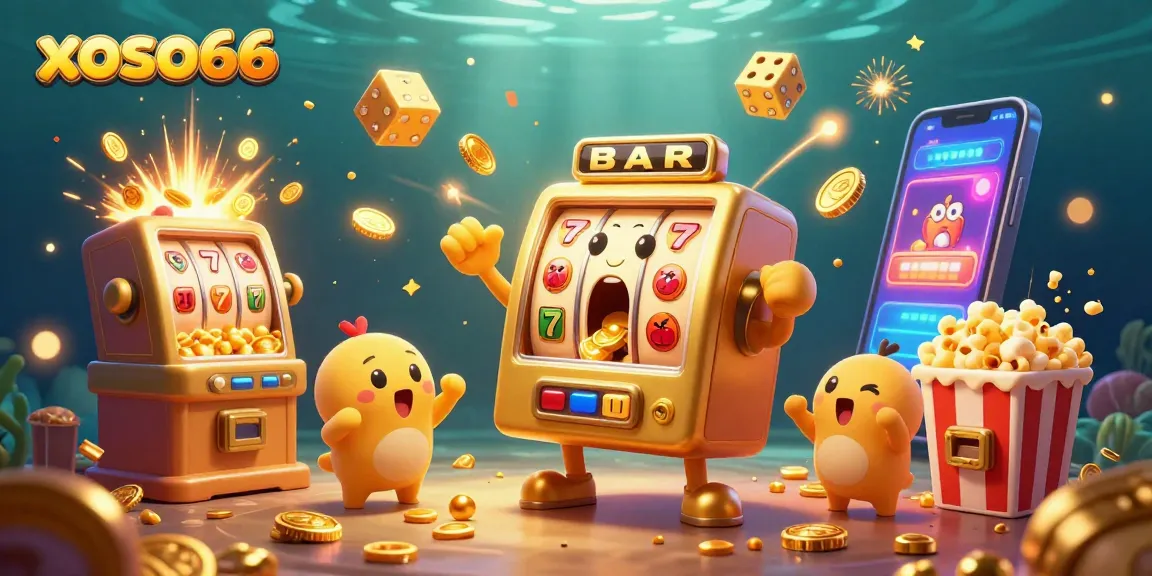 xoso66 offers an exciting jackpot scene with animated slot machines and vibrant casino elements.