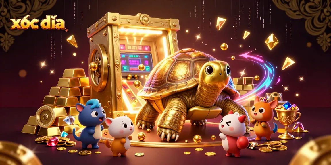 xóc đĩa scores soar as animals play on a golden tortoise pinball machine amidst treasures.