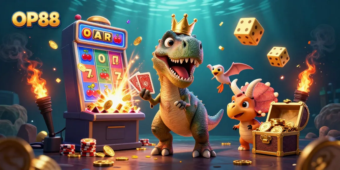 OP88 showcases a fun 3D scene of a T-Rex card shuffling, a pterodactyl assisting, and a triceratops stacking chips amidst explosive casino elements.