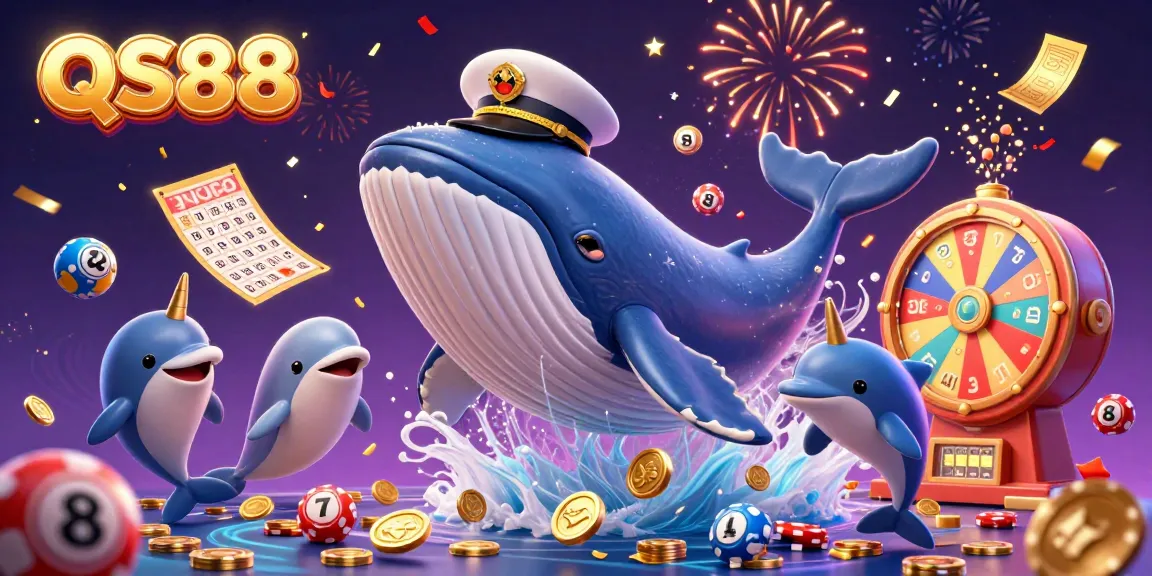 Experience gambling excitement with QS88 in a whimsical 3D scene featuring a golden whale among coins and playful dolphins.