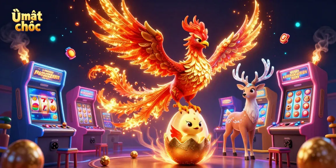 Play ù mạt chược slot games with vibrant 3D characters, colorful arcade machines, and enchanting casino elements.