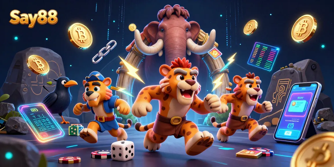 Experience thrilling gameplay at Say88 with a vibrant prehistoric casino scene filled with action.