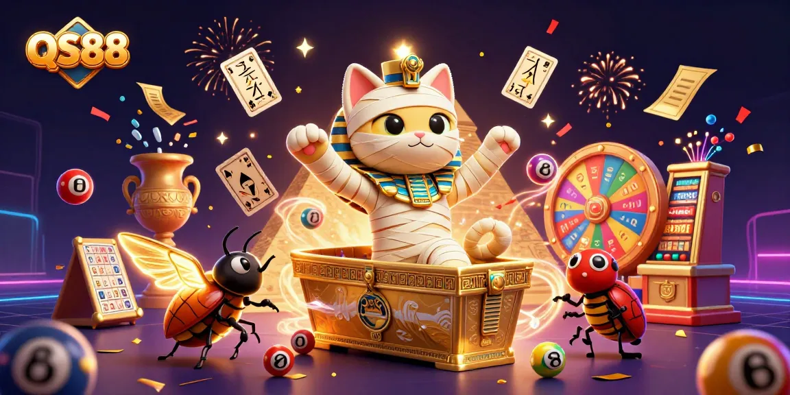 Experience the exciting world of QS88 with a vibrant 3D scene featuring a mummy cat and a scarab beetle amidst a lively casino environment.