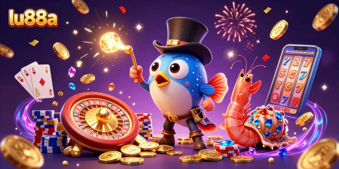 Experience the excitement of lu88a as glowing coins and treasures swirl around a vibrant 3D casino scene.