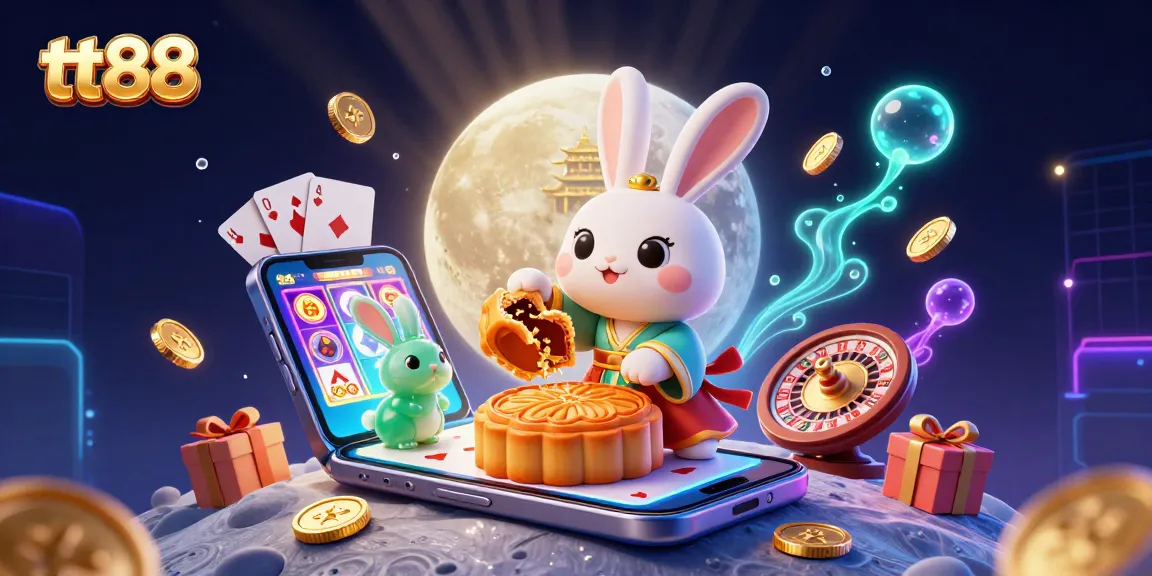 tt88 moon rabbit uncovering poker chips amidst vibrant casino elements and glowing effects