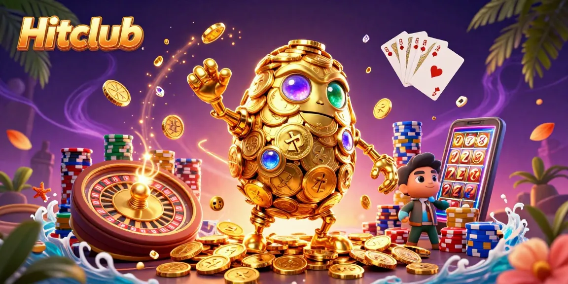 Experience thrilling gaming action at Hitclub with golden golem, dynamic cards, and vibrant casino elements.