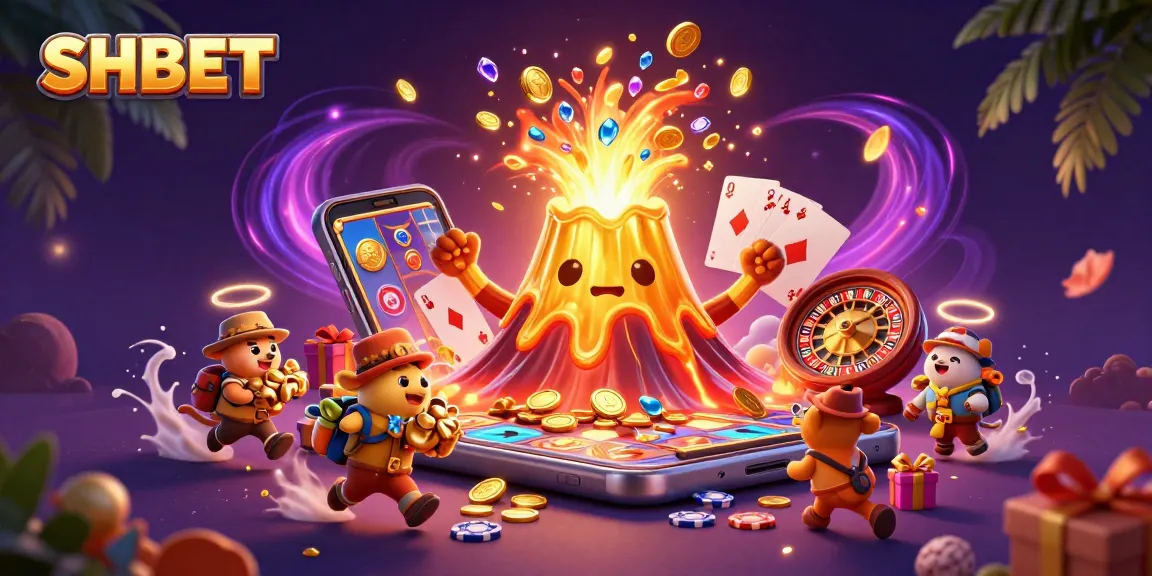 SHBET showcases a triumphant volcano erupting coins, surrounded by gaming elements in an exciting casino scene.