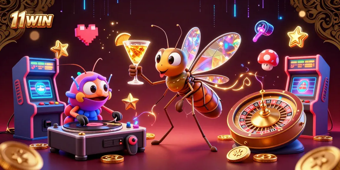 Win big at 11WIN with a vibrant casino illustration featuring a unique mosquito mascot!