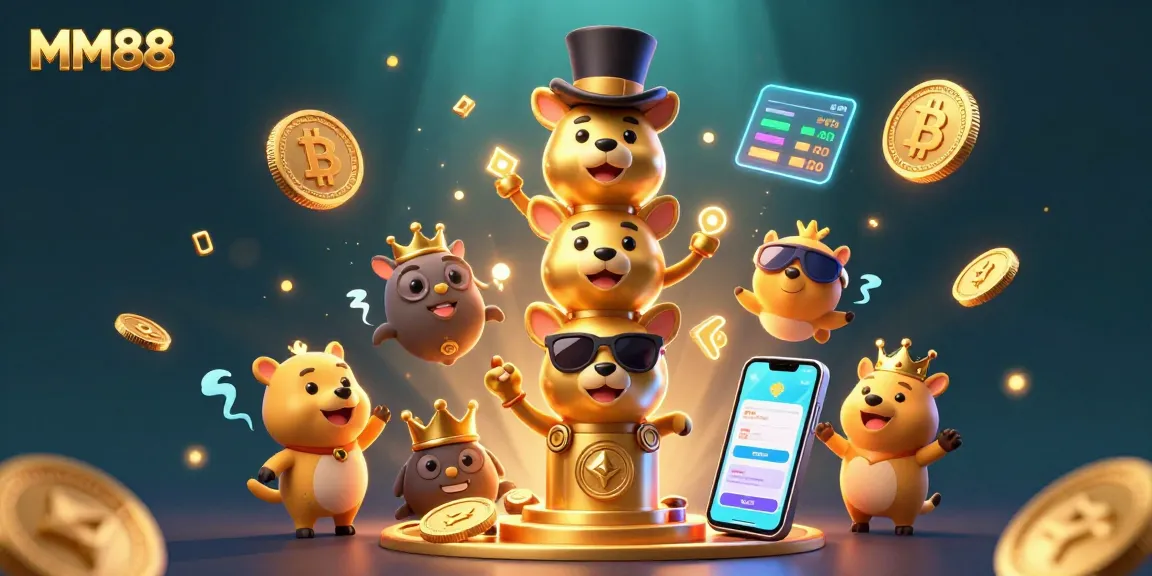 Engage with MM88 in a vibrant casino illustration featuring a golden totem and crypto coins.