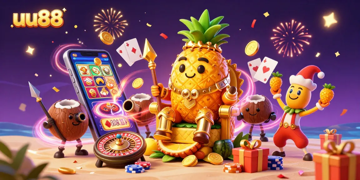 Engage with uu88's vibrant casino world featuring a golden pineapple king and dynamic slot games.