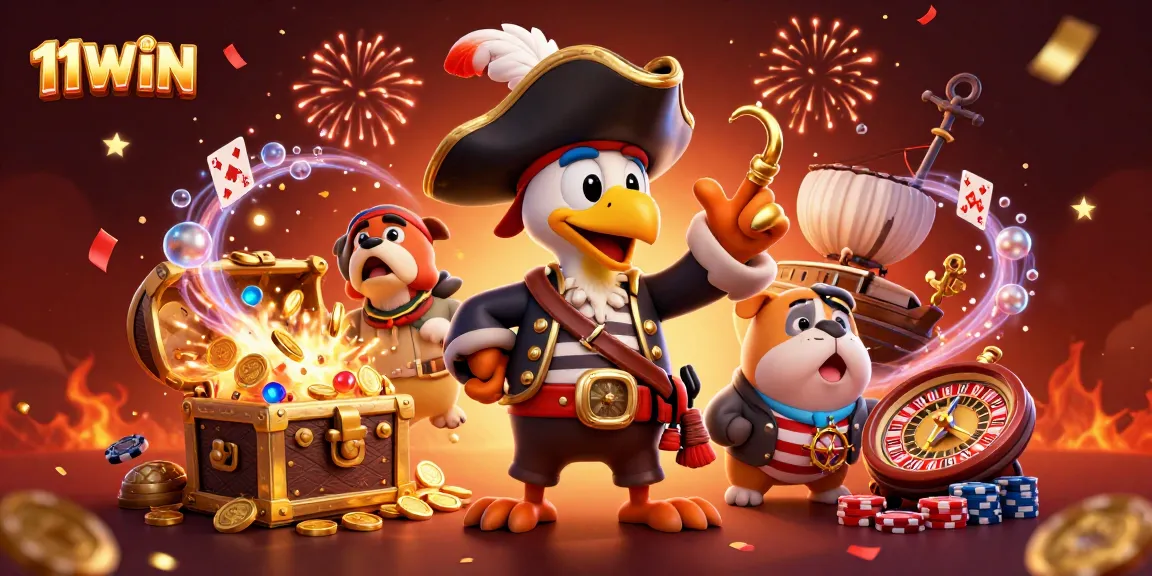Engage in thrilling gameplay with 11WIN, featuring a vibrant casino scene with treasure and excitement.