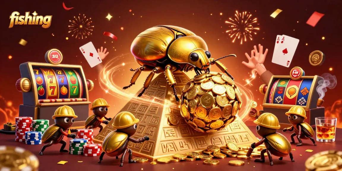 Fishing-themed illustration depicting golden beetles navigating a vibrant casino setting.