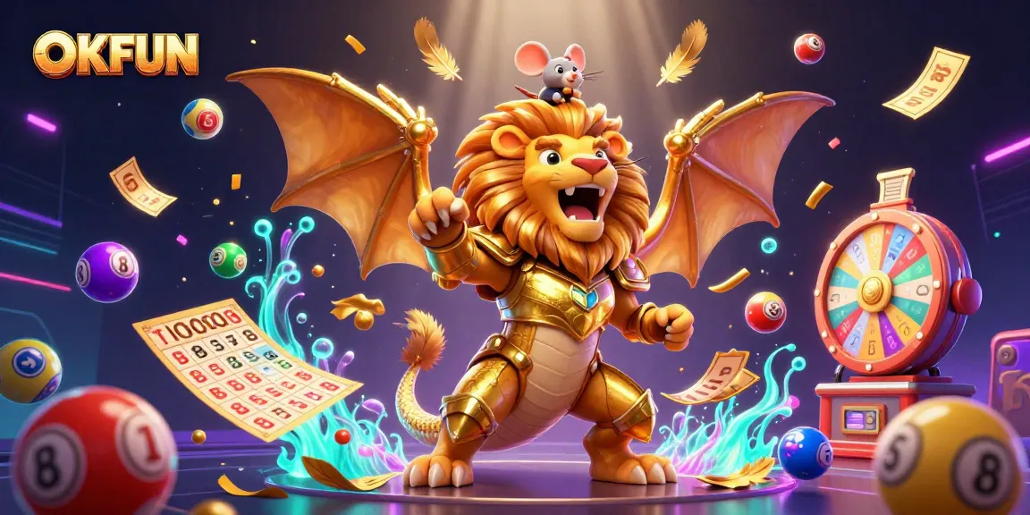 Experience the thrilling action at OKFUN with a golden chimera and vibrant lottery elements.
