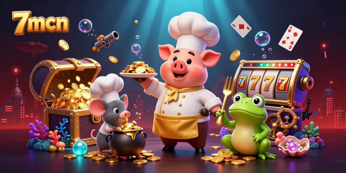 7mcn chef pig serving gold coins in a vibrant casino scene, packed with slot elements.