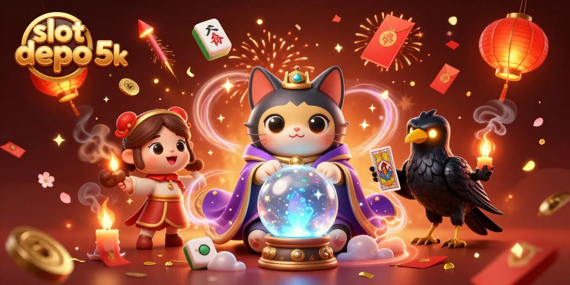 Engaging illustration of slot depo 5k showcasing a mystic cat, raven, and vibrant casino elements.