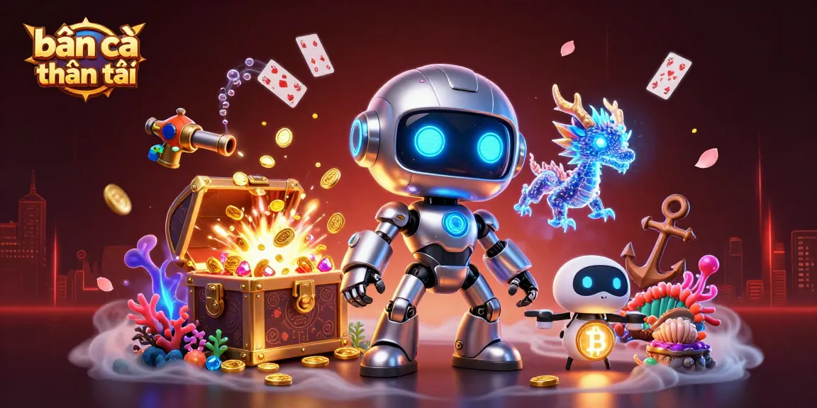 Engage in bắn cá thần tài with a vibrant 3D scene featuring a robot mascot and underwater treasures