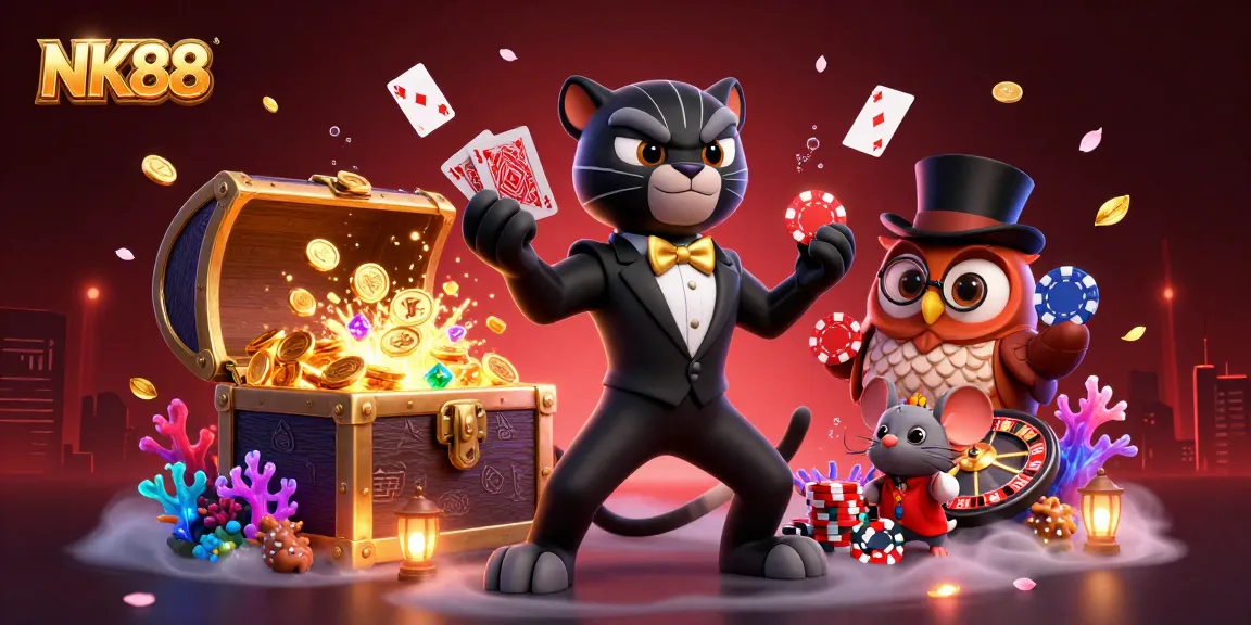 Engage with NK88's vibrant casino scene featuring a stylish panther, owl, and lucky mouse celebrating jackpot wins.
