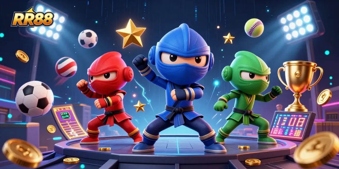 Engage in thrilling strategies at RR88 with vibrant chameleon ninjas amid dynamic sports betting elements.