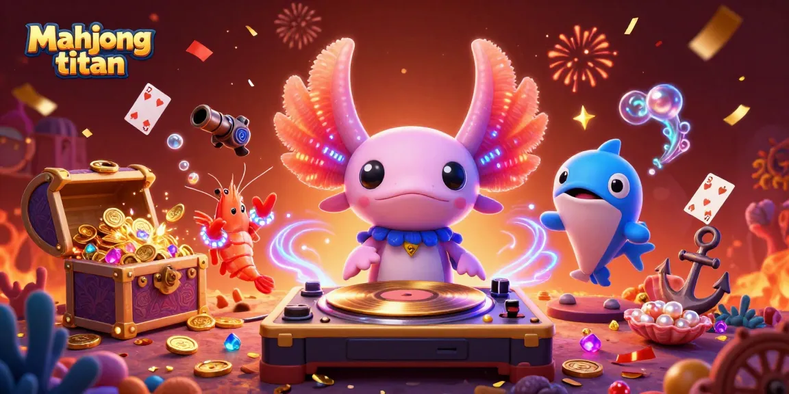 Engage in Mahjong Titan gameplay with vibrant axolotl DJ, shrimp dancers, and energetic visuals.