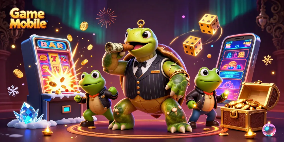 Game Mobile illustration showcasing a massive snapping turtle and bullfrogs in a casino scene.
