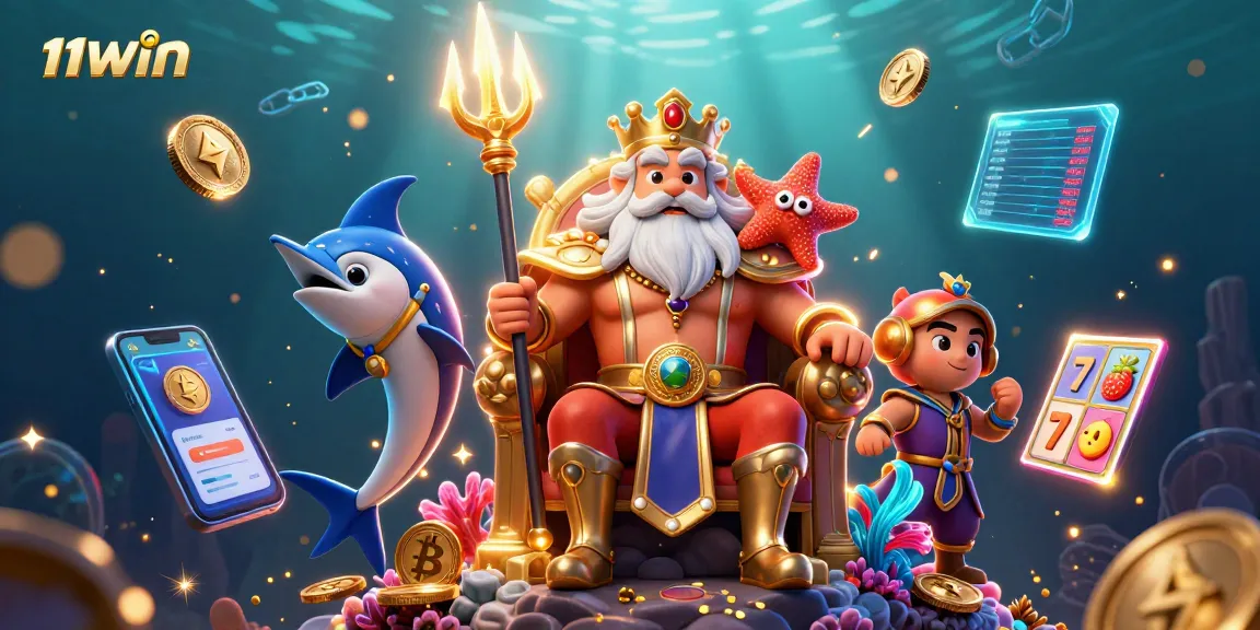 Play and win at 11WIN with vibrant slot reels and crypto coins in an enchanting underwater scene.