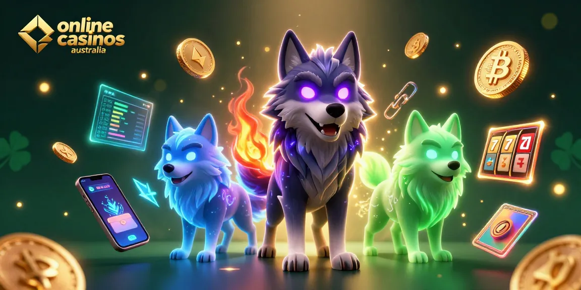 Engage with online casinos Australia featuring vibrant 3D cartoon wolves and crypto gaming elements.