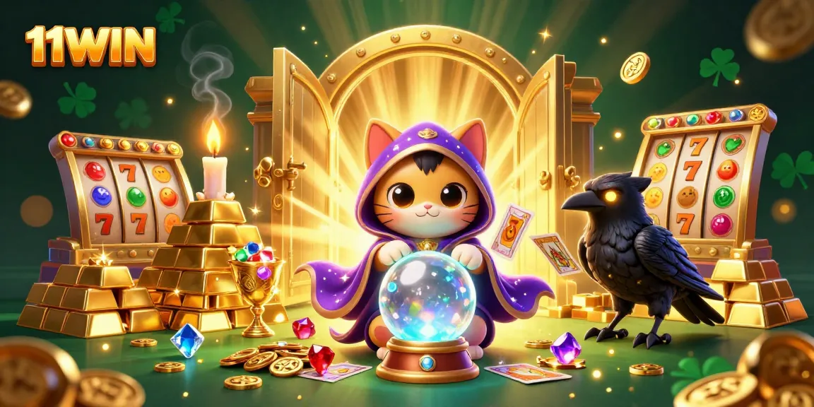 Experience the magic of 11WIN with fortune teller cat and tarot raven in a vibrant casino scene.