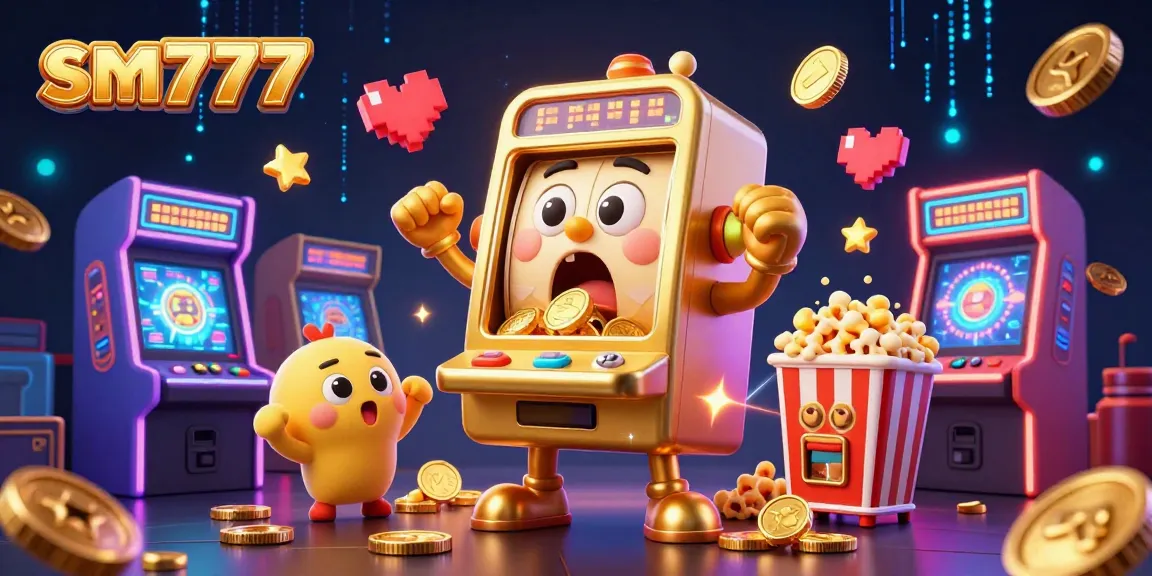 Win big with sm777 as cartoon slot machines cheer on a jackpot victory amidst a vibrant casino scene.