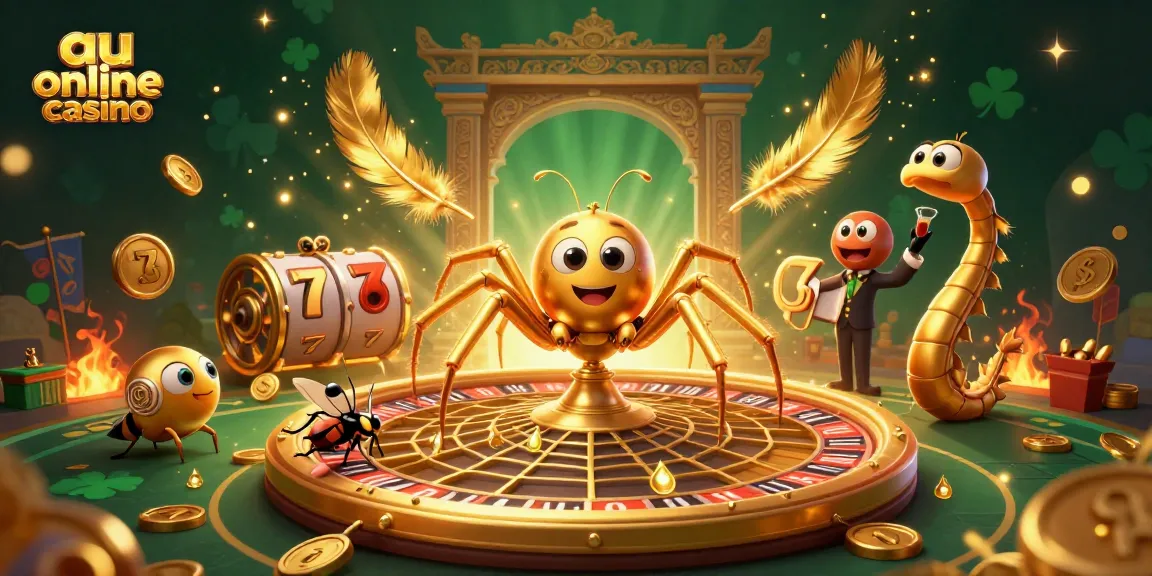 Engaging illustration of a golden spider and centipede croupier at an au online casino roulette table, with vibrant elements.