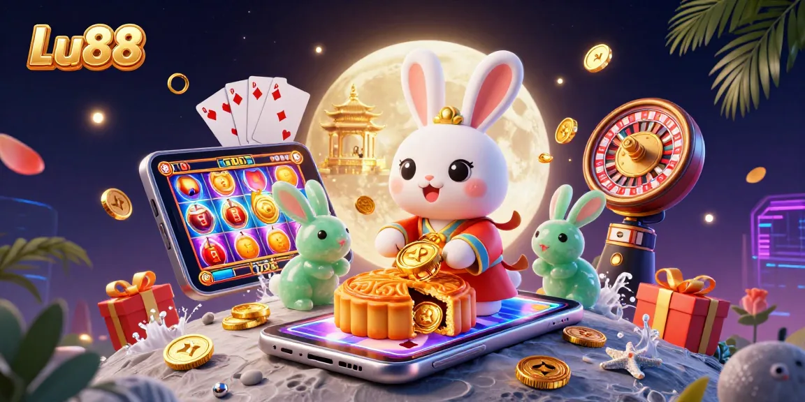 Experience Lu88's thrilling casino games with vibrant 3D moon rabbits and poker chips.