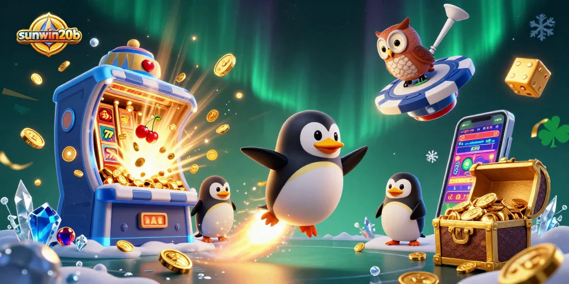 Experience grand casino action with the sunwin20b penguin soaring toward jackpot riches among vibrant gaming treasures.