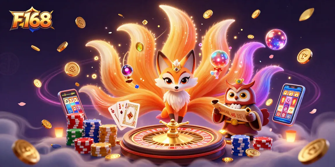 Engage with F168's vibrant gaming scene featuring a luck-infused cartoon depiction, showcasing dynamic casino elements.