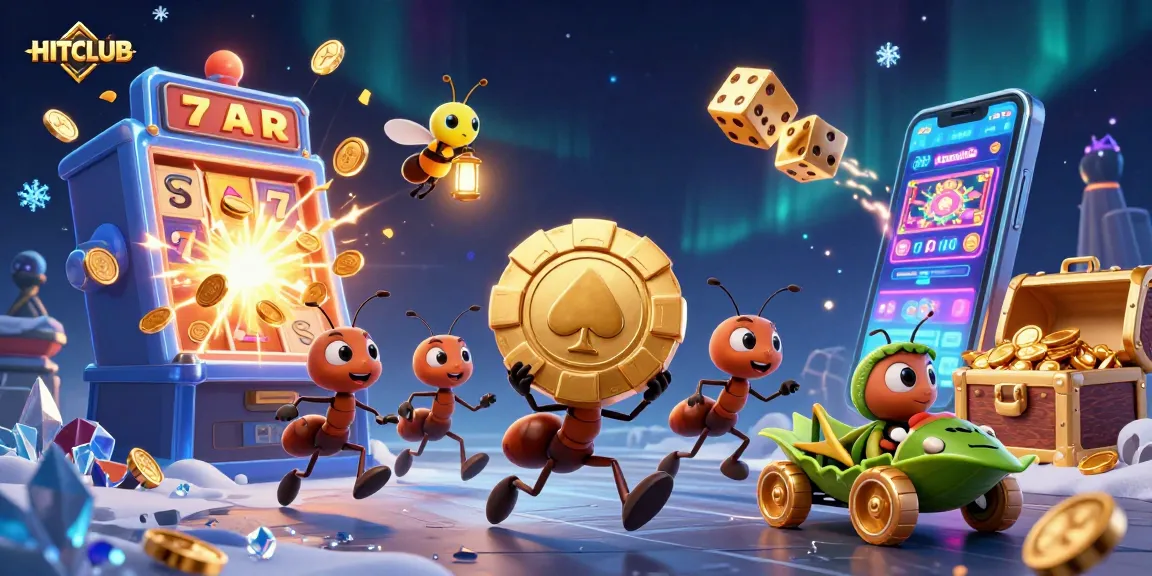 HITCLUB ants carrying a giant poker chip while immersive slot machine game elements surround them.