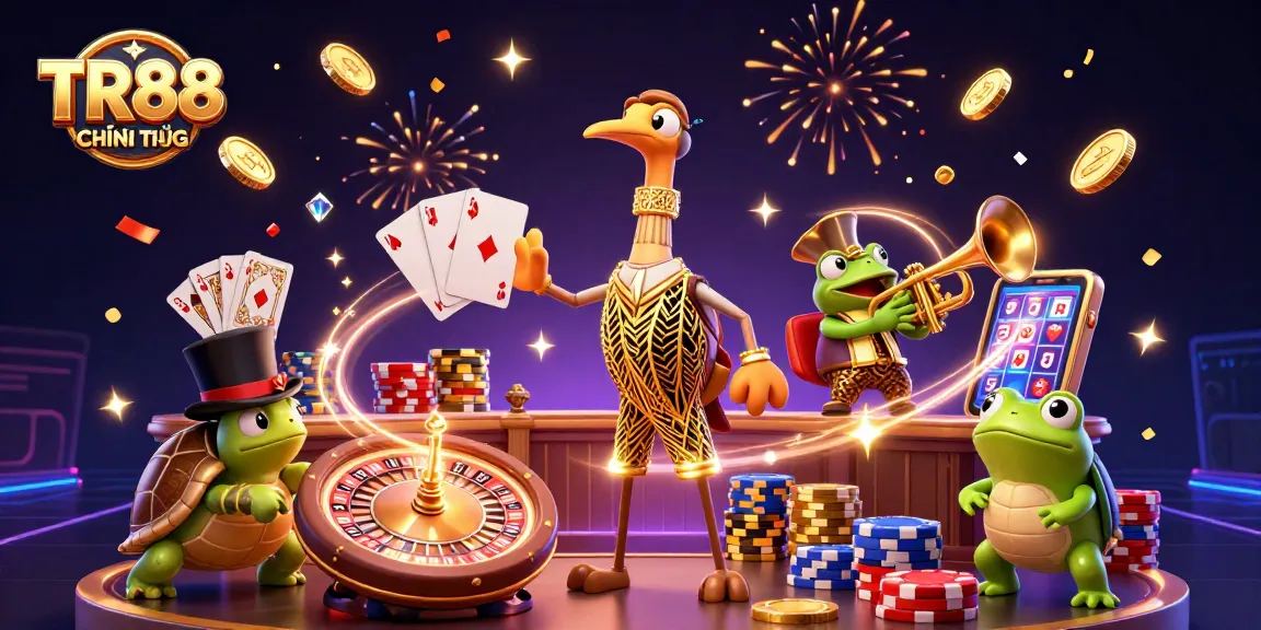 Experience the vibrant energy of TR88 CHÍNH THỨC with a lively casino scene featuring artistic characters and dynamic game elements.