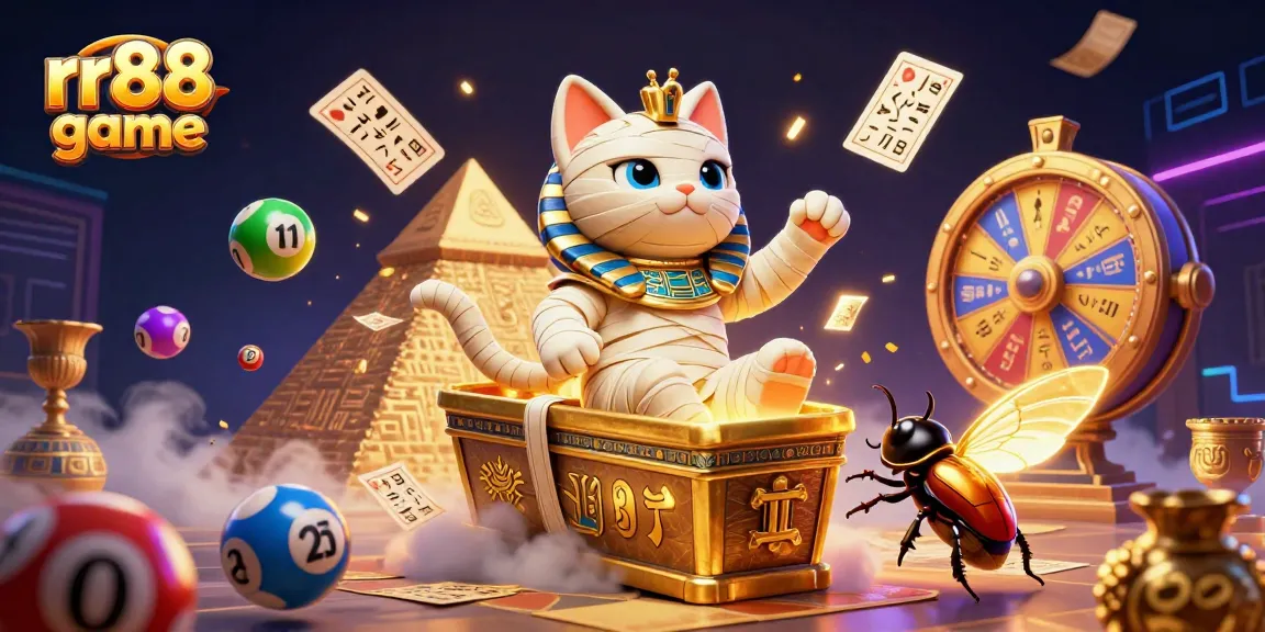 Join the excitement in rr88 game with a lively mummy cat and scarab beetle amidst vibrant gambling elements.