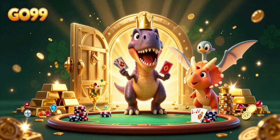 Join the fun at GO99 with a lively illustration of T-Rex card shuffling and chip stacking!
