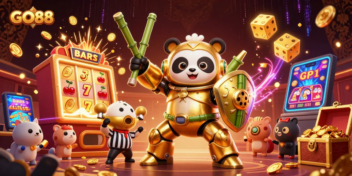 Vibrant GO88 illustration showing a panda mech-controller in an exciting casino environment.