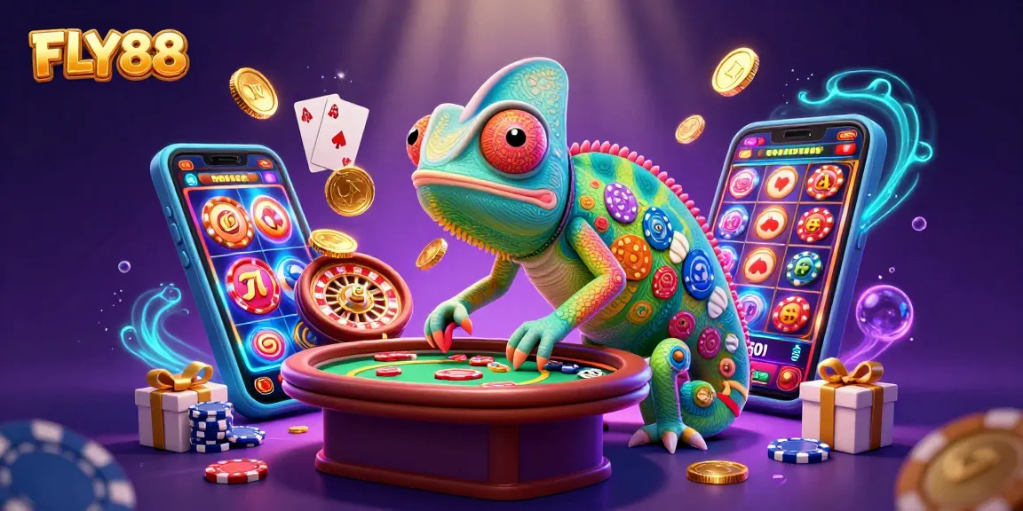 Experience the thrilling world of FLY88 with our chameleon casino owner snatching golden coins amidst a vibrant gambling scene.