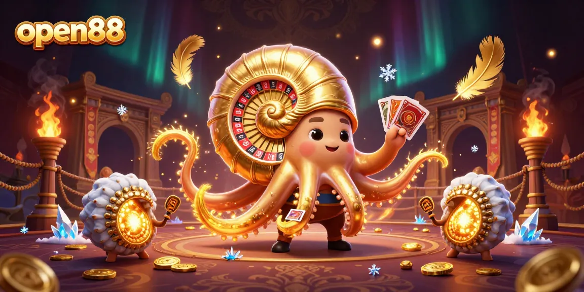 Experience the thrill of gaming at open88 with a giant nautilus roulette wheel surrounded by glowing companions and vibrant elements.