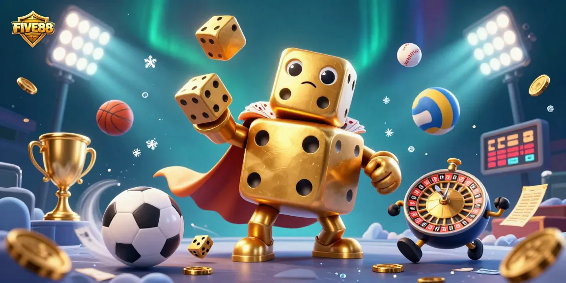 Experience the thrill of FIVE88 with a 3D illustration of a golden dice golem and dynamic sports elements.