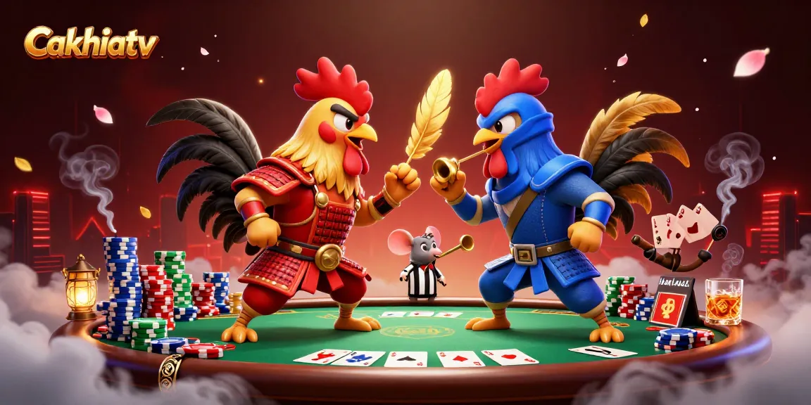 Cakhiatv captures the essence of dynamic gambling with fighting roosters amidst poker action.
