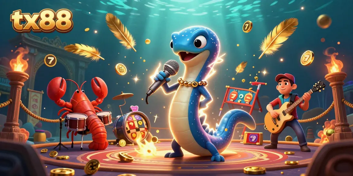 tx88 showcases vibrant underwater casino scene with a DJ eel, lobster drummer, and seahorse guitarist.